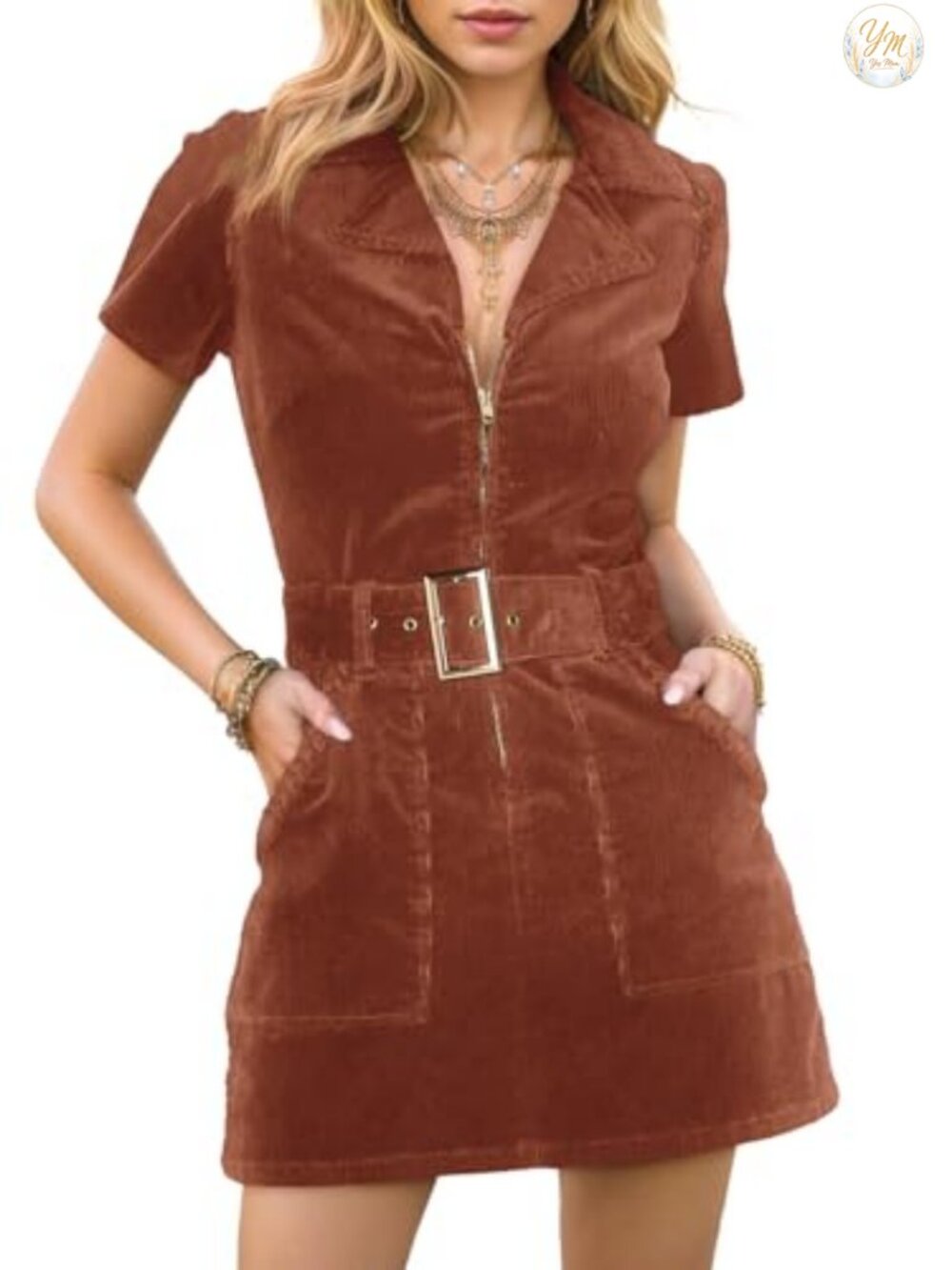 Corduroy Mini Dress Short Sleeve V-Neck Cowboy Dress with Belt